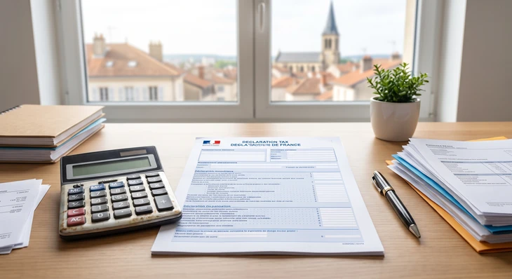 Scène de bureau avec documents financiers étalés, loupe dorée grossissant des chiffres comptables, calculatrice noire et stylo