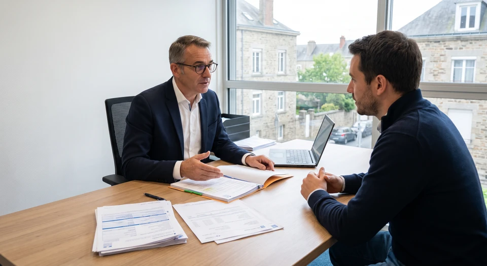 Un homme en costume-cravate travaille à un bureau, utilisant une calculatrice de sa main gauche tout en consultant des documents sur un clipboard de sa main droite