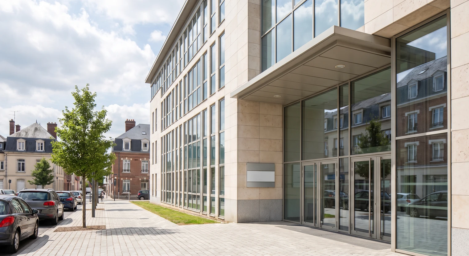 Photographie d'un bâtiment professionnel moderne et contemporain situé en zone urbaine, façade claire avec signalétique visible, montrant l'extérieur du cabinet avec accès client apparent, implanté dans un environnement urbain nordiste typique, suggérant une présence établie et professionnelle dans le territoire.