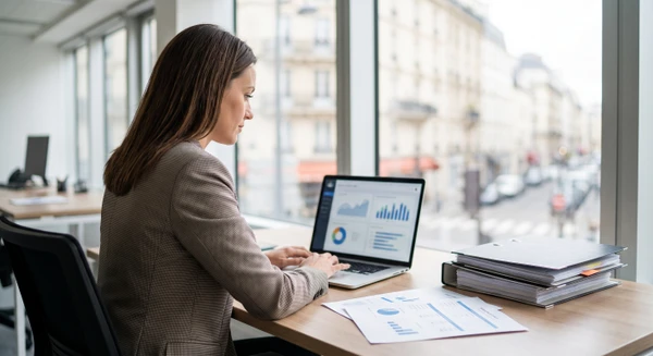 Personne travaillant sur ordinateur portable dans un bureau lumineux, consultant des tableaux de bord avec graphiques circulaires et histogrammes