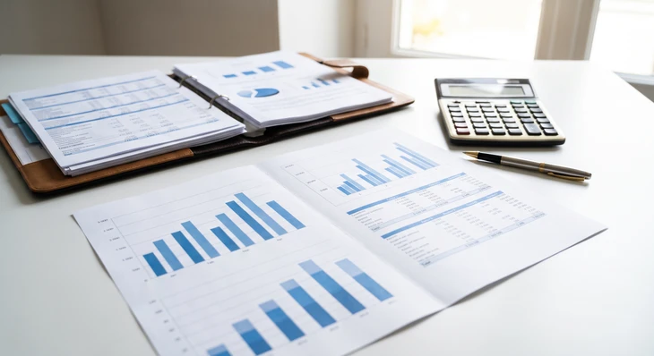 Scène de bureau avec documents financiers étalés, loupe dorée grossissant des chiffres comptables, calculatrice noire et stylo