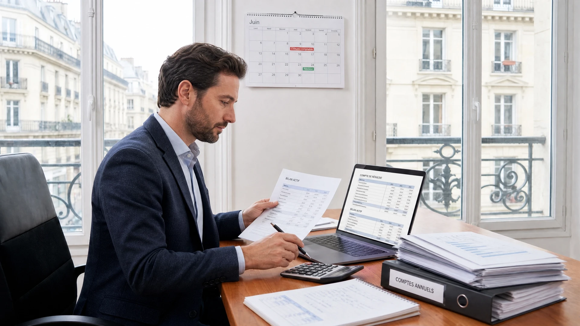 Bureau avec documents financiers, piles de pièces de monnaie empilées par valeur, calculatrice électronique et papiers comptables étalés