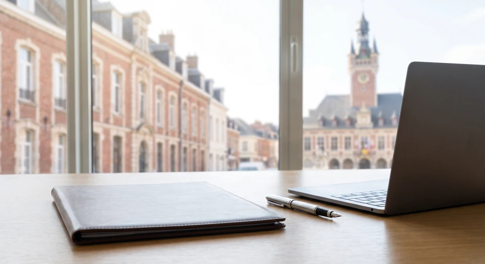 Équipe de quatre professionnels souriants collaborant autour d'un ordinateur portable dans un bureau moderne